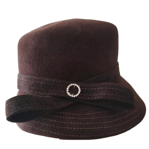Vintage Anna Rizzo Firenze Dark Brown Fur Felt Cloche Hat with Bow & Rhinestone